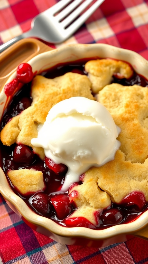 A freshly baked Cherry Cobbler with cherries and a golden crust, served with vanilla ice cream on a rustic table.